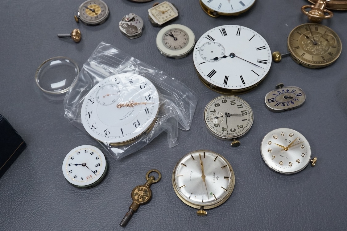 A gold plated Waltham hunter keyless pocket watch, with Roman dal and subsidiary seconds, case diameter 50mm, together with a group of wrist pocket and fob watch movements, etc.